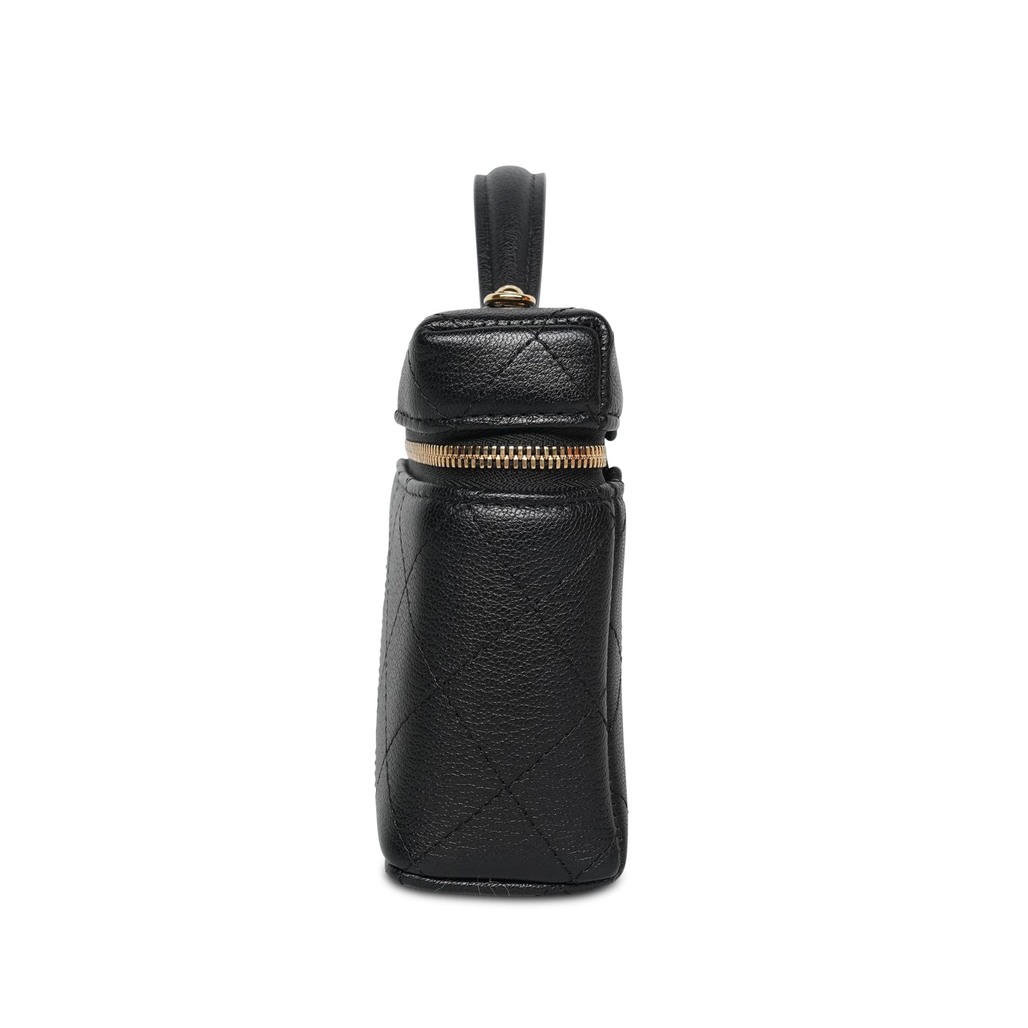 26P Black Grained Goatskin Quilted Slim Top Handle Vanity With Chain LGHW
