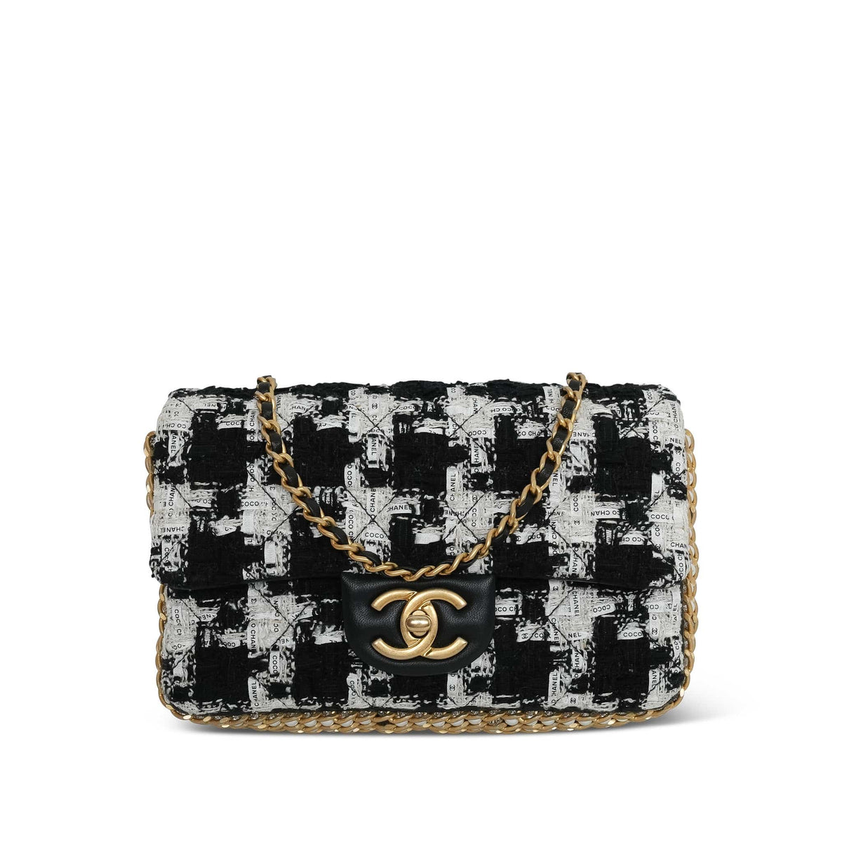Black White Ecru Houndstooth Tweed Quilted Mini River of Pearls Flap Bag AGHW