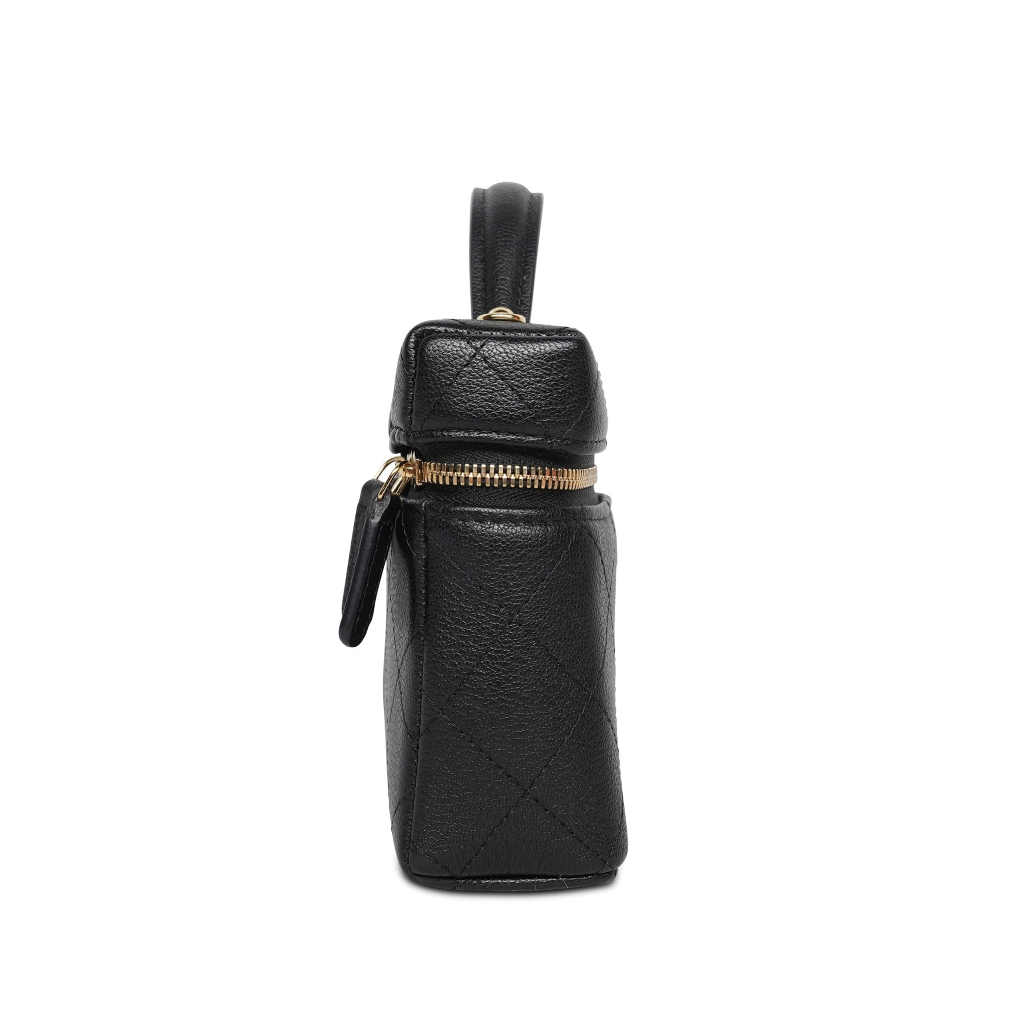 26P Black Grained Goatskin Quilted Slim Top Handle Vanity With Chain LGHW