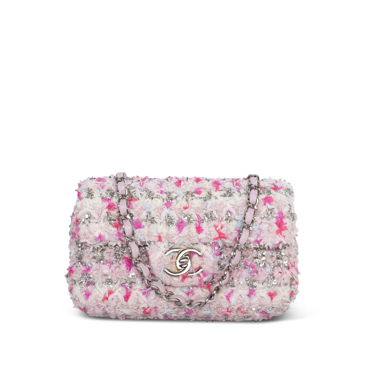 Pink/White/Tinsel Tweed Mini Rectangular Flap Silver Hardware