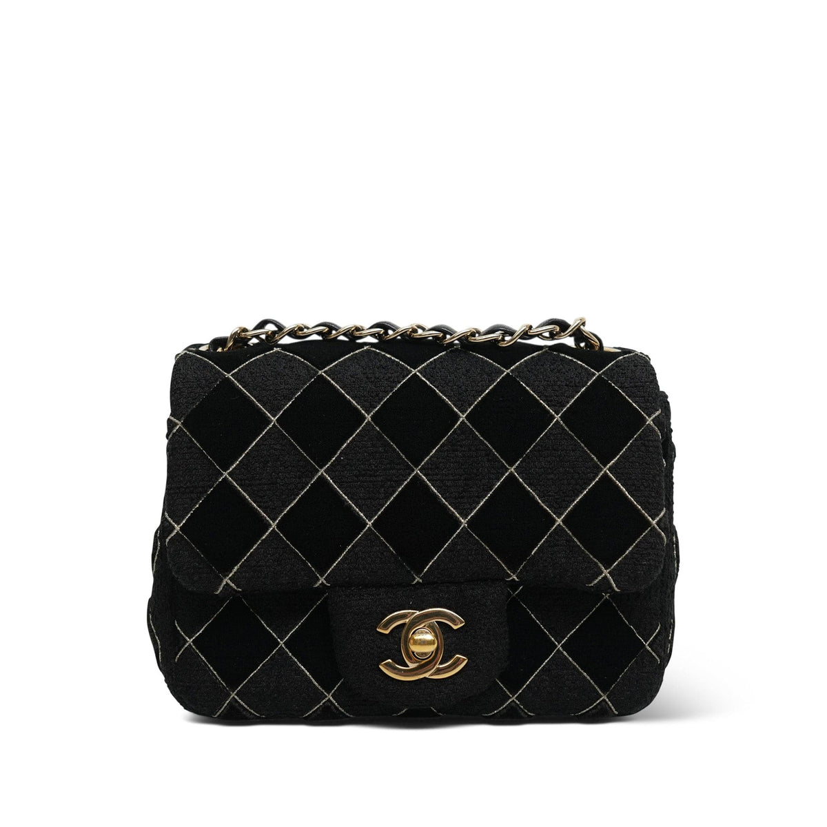 Black Velvet & Tweed Diamond Quilted Mini Square Flap Light Gold Hardware