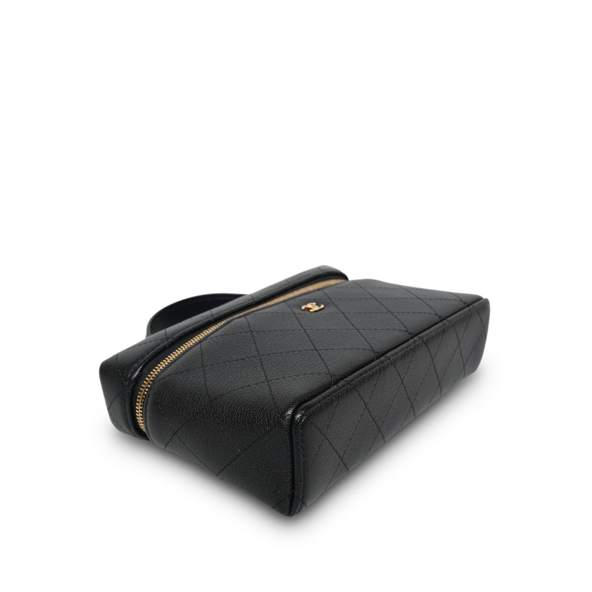 26P Black Grained Goatskin Quilted Slim Top Handle Vanity With Chain LGHW