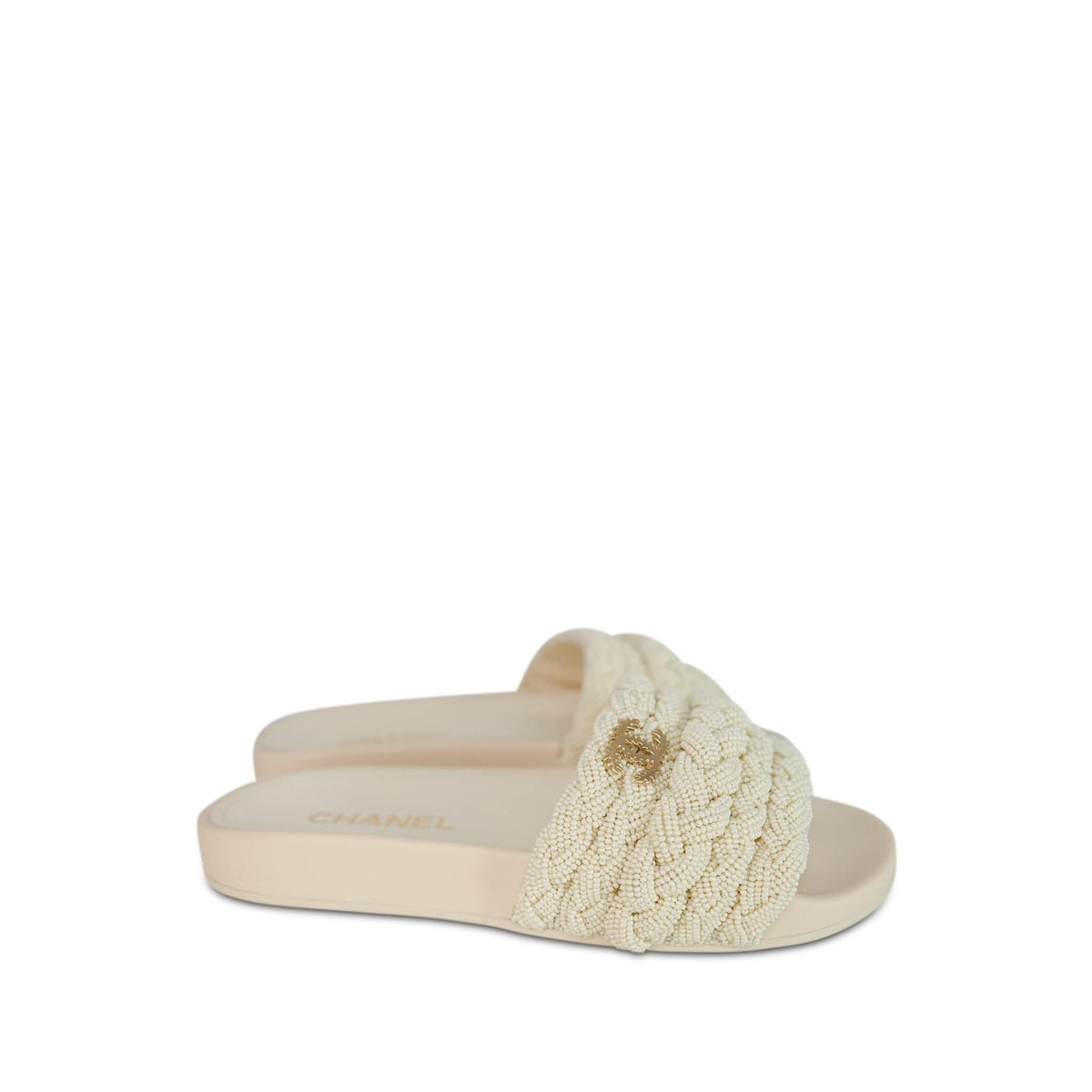 Pearly White Bead Braided Slide Sandals Size 38