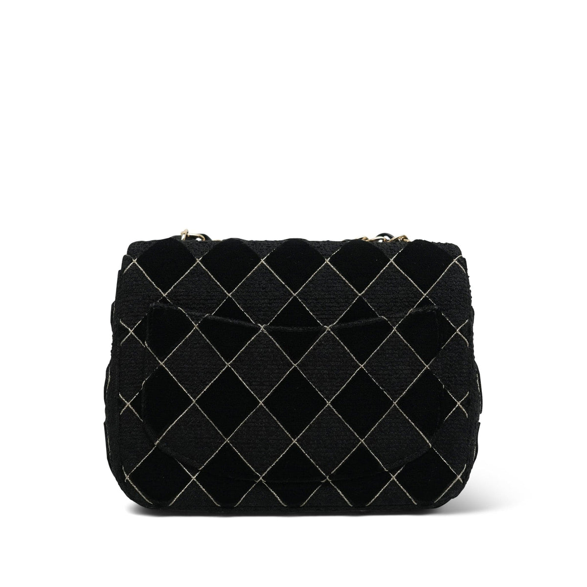 Black Velvet & Tweed Diamond Quilted Mini Square Flap Light Gold Hardware