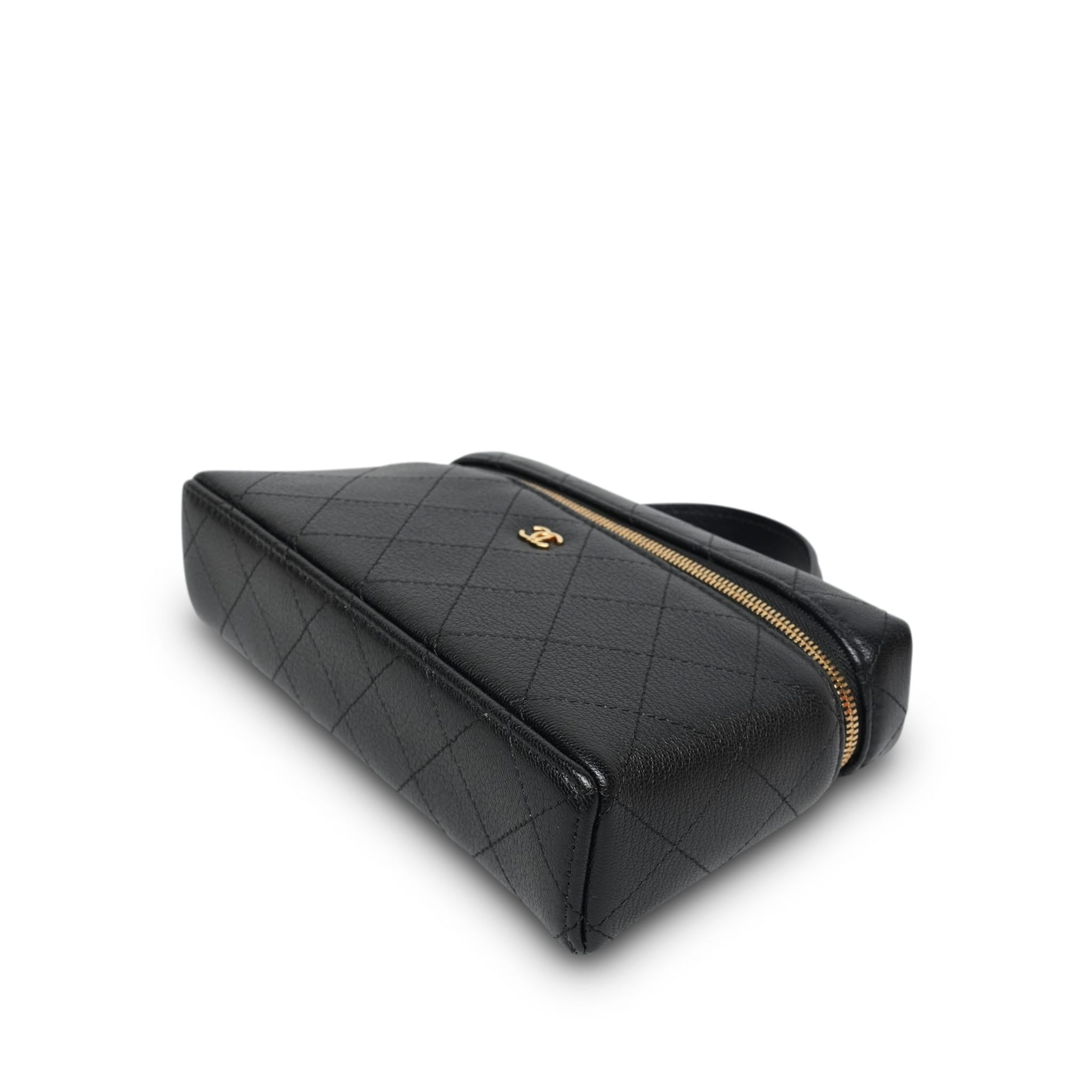 26P Black Grained Goatskin Quilted Slim Top Handle Vanity With Chain LGHW