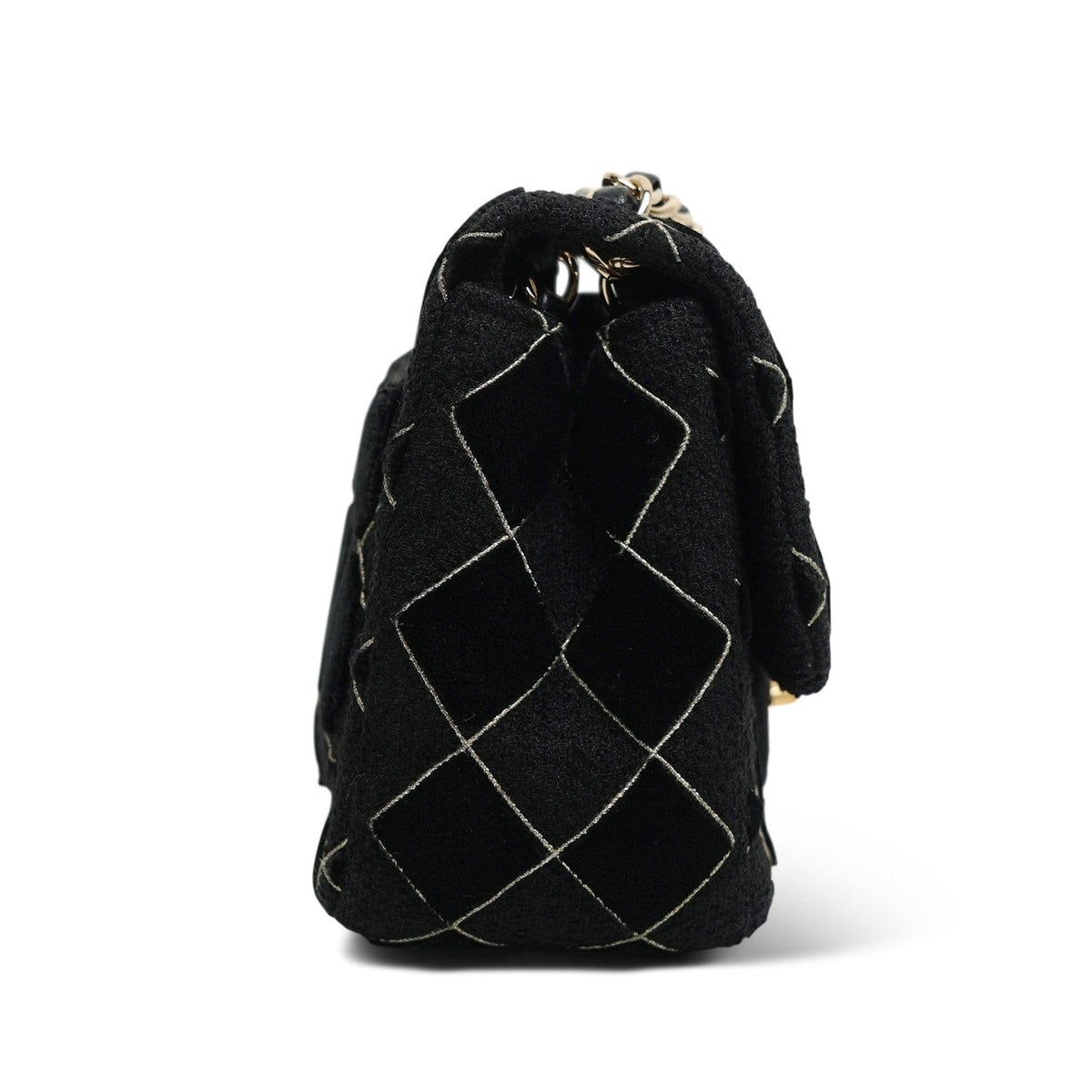 Black Velvet & Tweed Diamond Quilted Mini Square Flap Light Gold Hardware