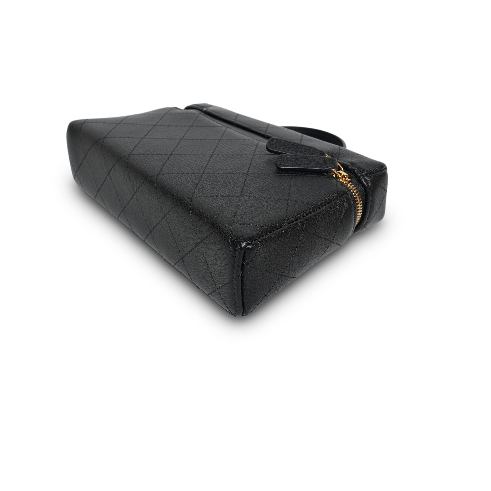 26P Black Grained Goatskin Quilted Slim Top Handle Vanity With Chain LGHW