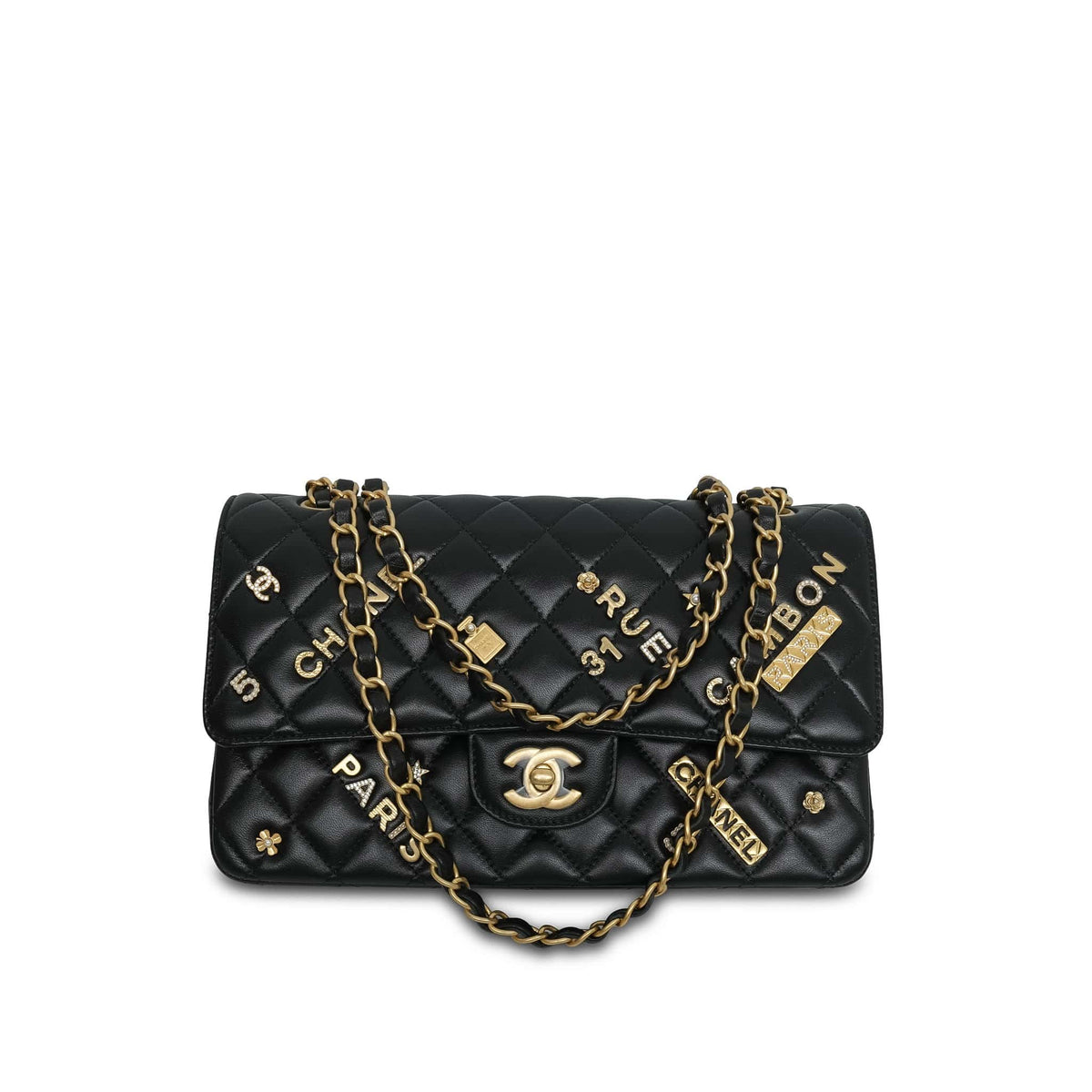 21S Black Lambskin Quilted Rue Cambon Charms Classic Flap Medium AGHW