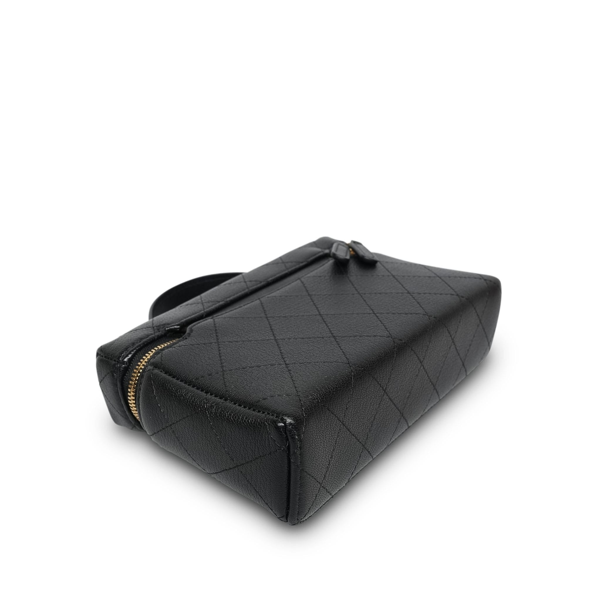 26P Black Grained Goatskin Quilted Slim Top Handle Vanity With Chain LGHW