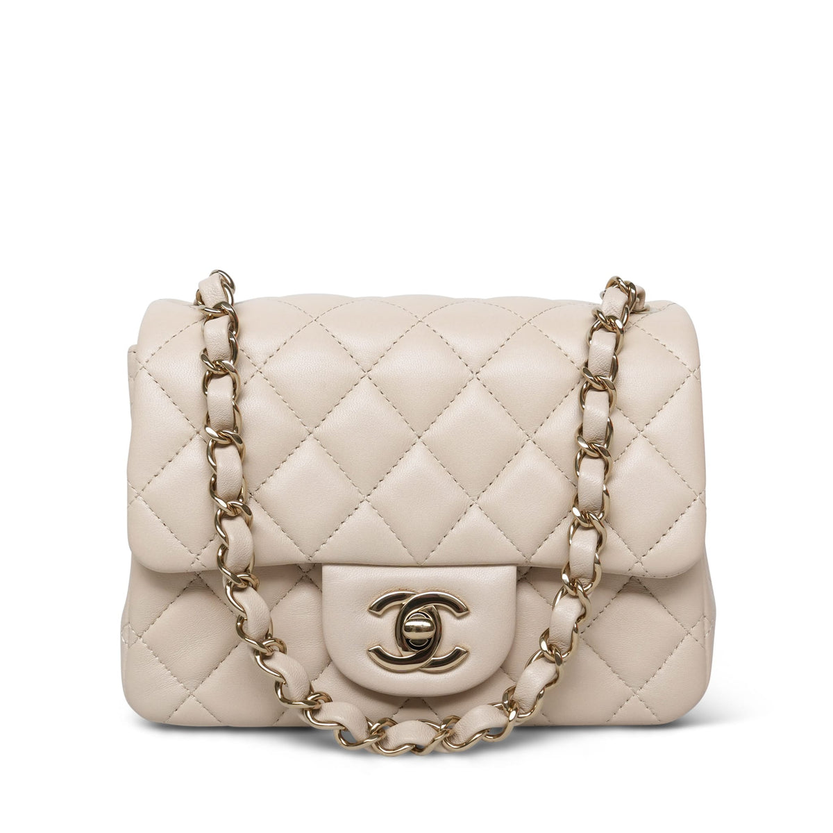 Light Beige Lambskin Quilted Mini Square Flap LGHW