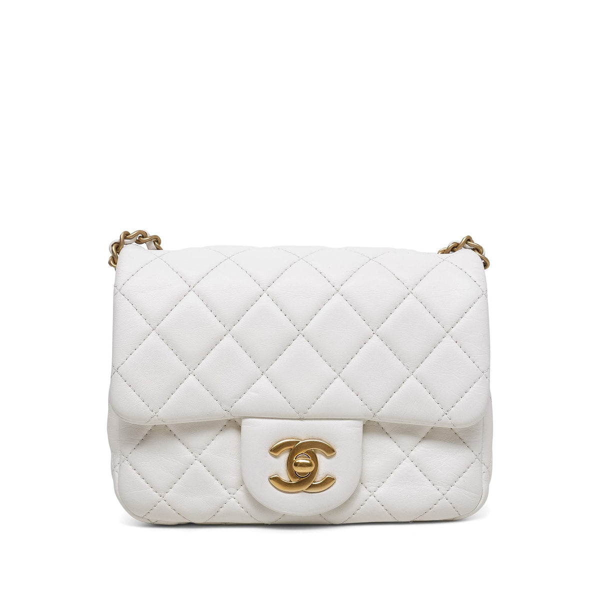 White LambskinQuilted Pearl Crush Mini Square Flap Aged Gold Hardware