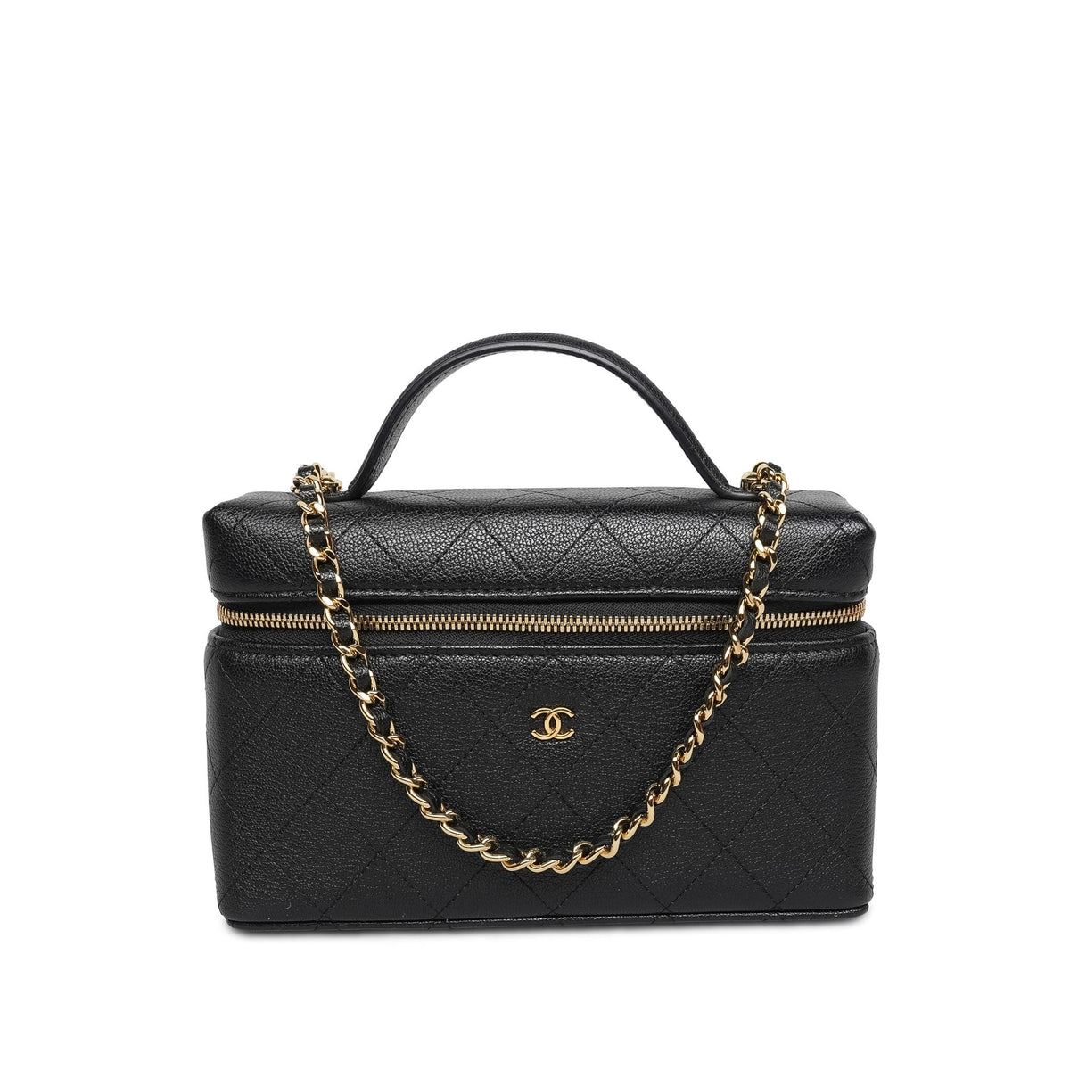 26P Black Grained Goatskin Quilted Slim Top Handle Vanity With Chain LGHW
