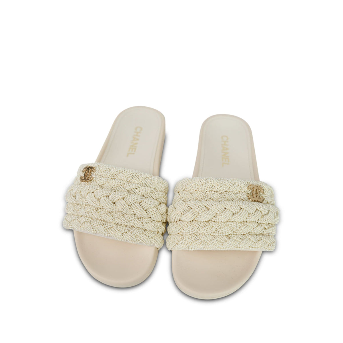 Pearly White Bead Braided Slide Sandals Size 38