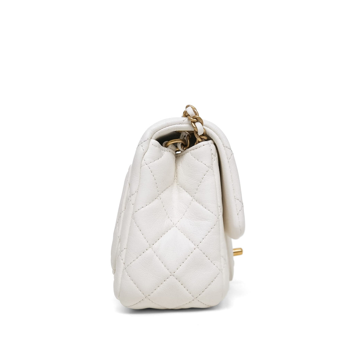 White LambskinQuilted Pearl Crush Mini Square Flap Aged Gold Hardware