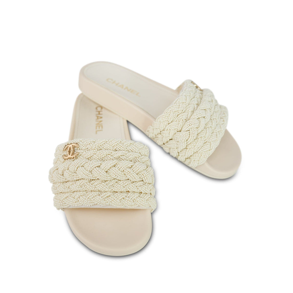Pearly White Bead Braided Slide Sandals Size 38