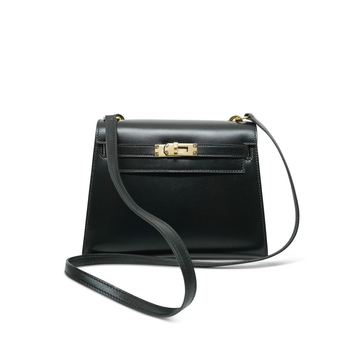 Mini Kelly 20 Black Box Calfskin Gold Plated Q Circle Stamp