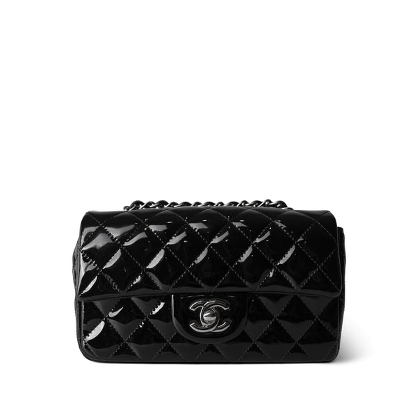 15B Black Patent Quilted Mini Rectangular Flap Silver Hardware 15B Black Patent Quilted Mini Rectangular Flap Silver Hardware