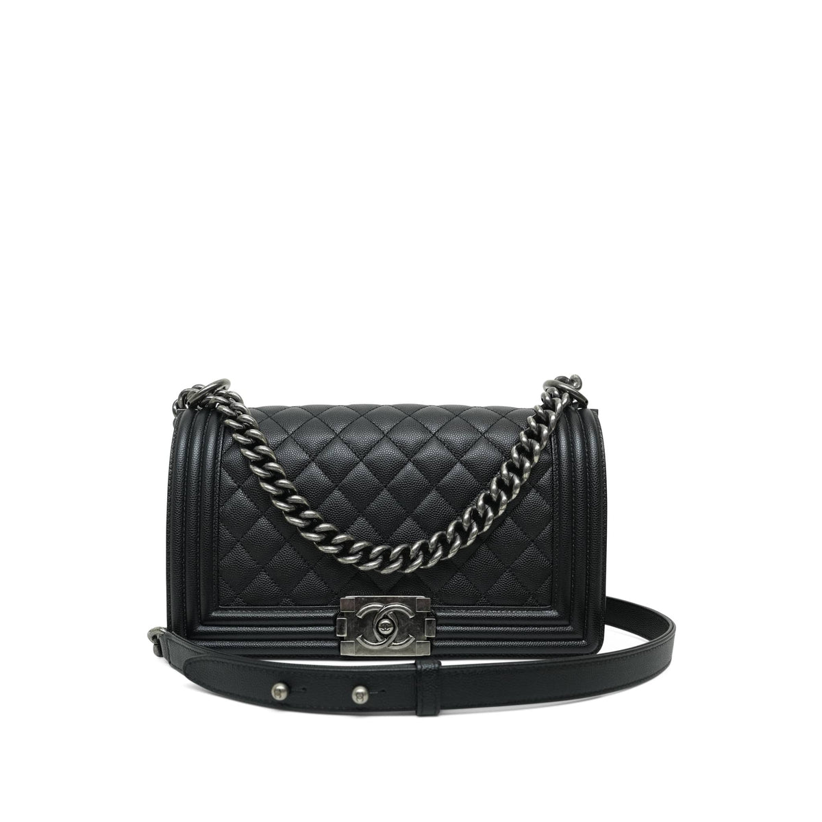 Black Caviar Quilted Boy Bag Old Medium Ruthenium Hardware