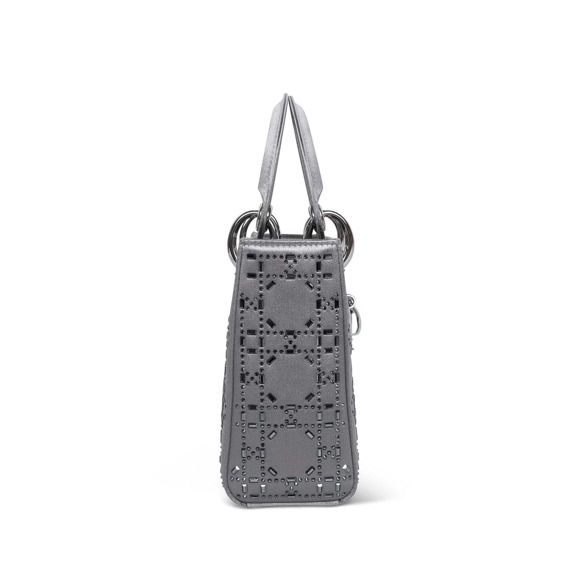 Dior Grey Satin Crystal Embellished Cannage Lady Dior Mini Silver Hardware