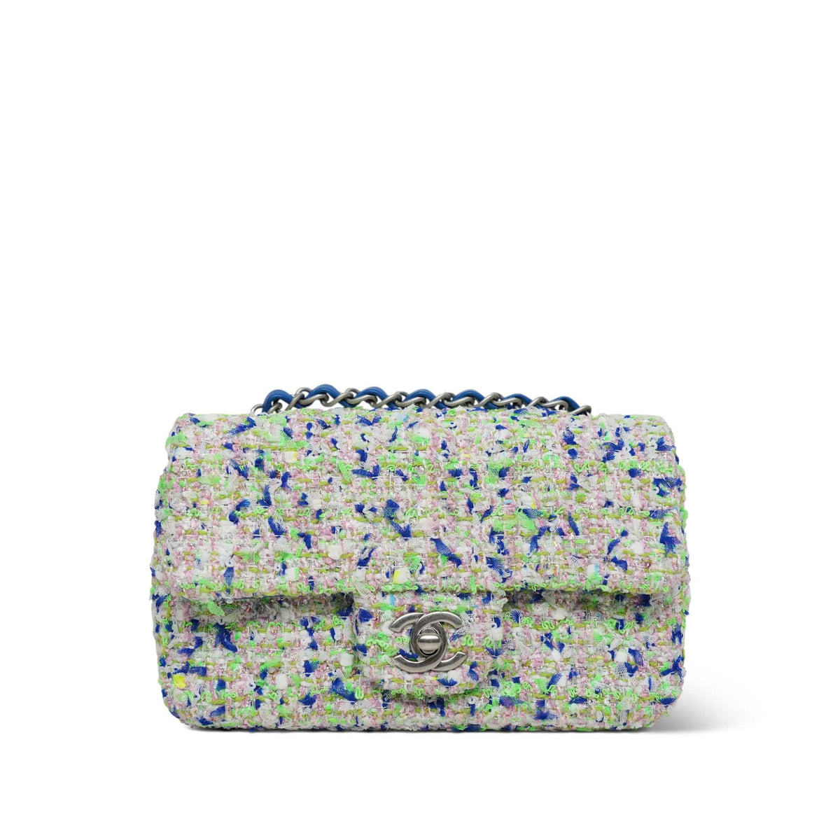 White/Multicolor Tweed Quilted Mini Rectangular Flap Aged Silver Hardware