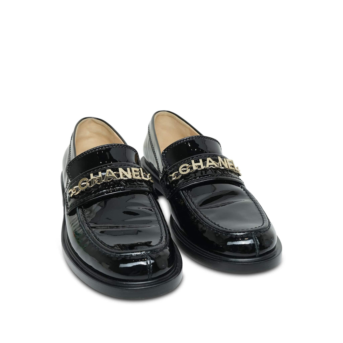 Black Patent Chanel Chain Loafers Size 40
