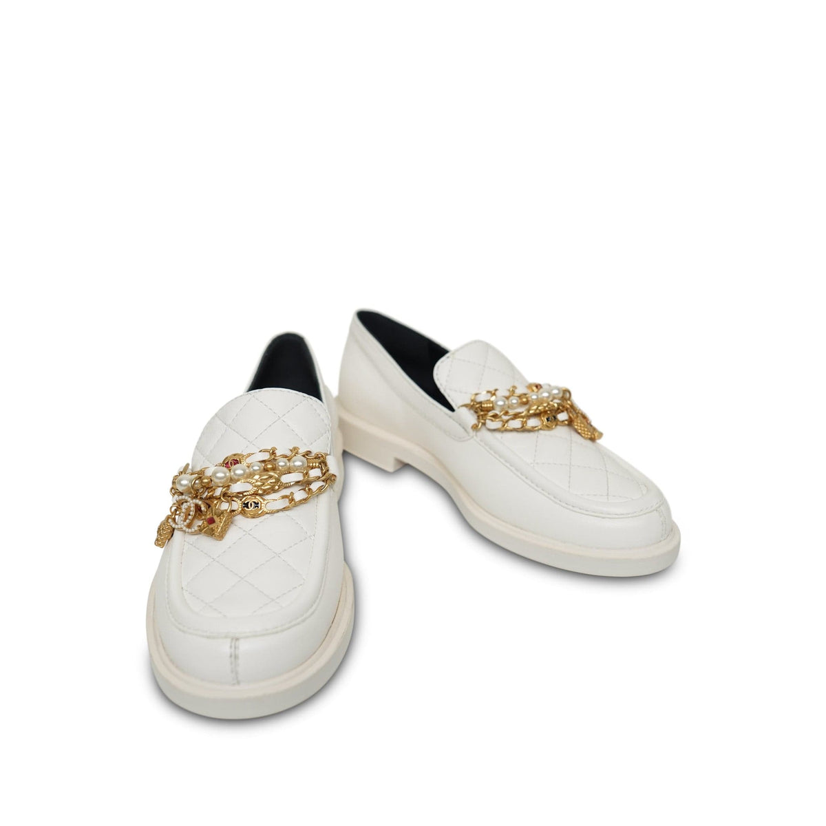 22P White Lambskin Quilted Aged Gold CC Charms Loafers Size 35