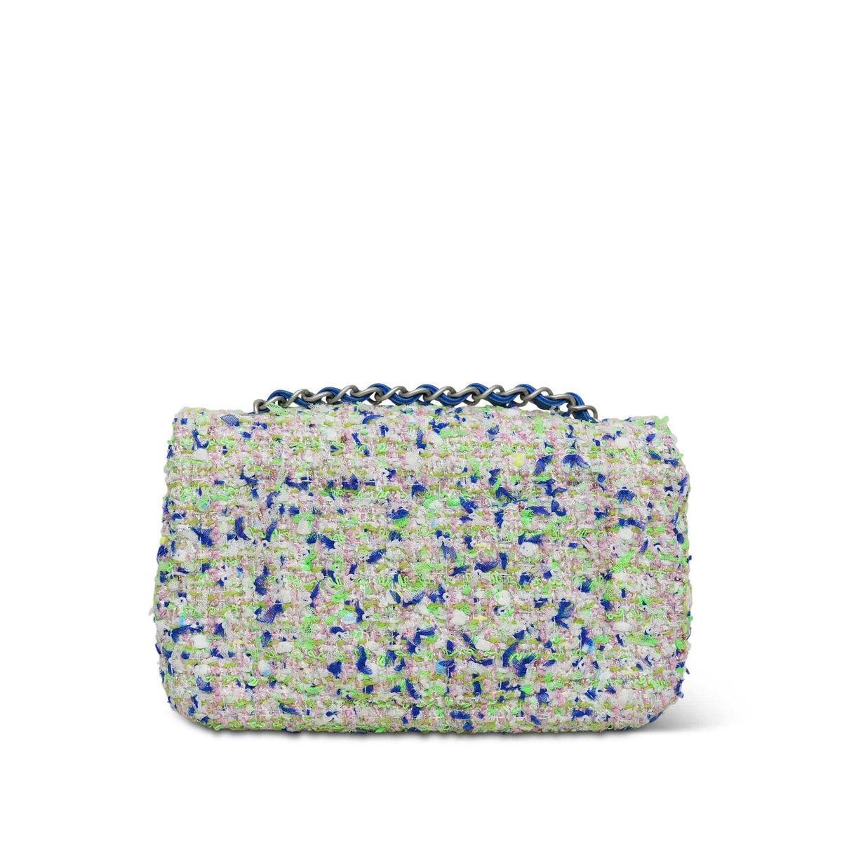 White/Multicolor Tweed Quilted Mini Rectangular Flap Aged Silver Hardware