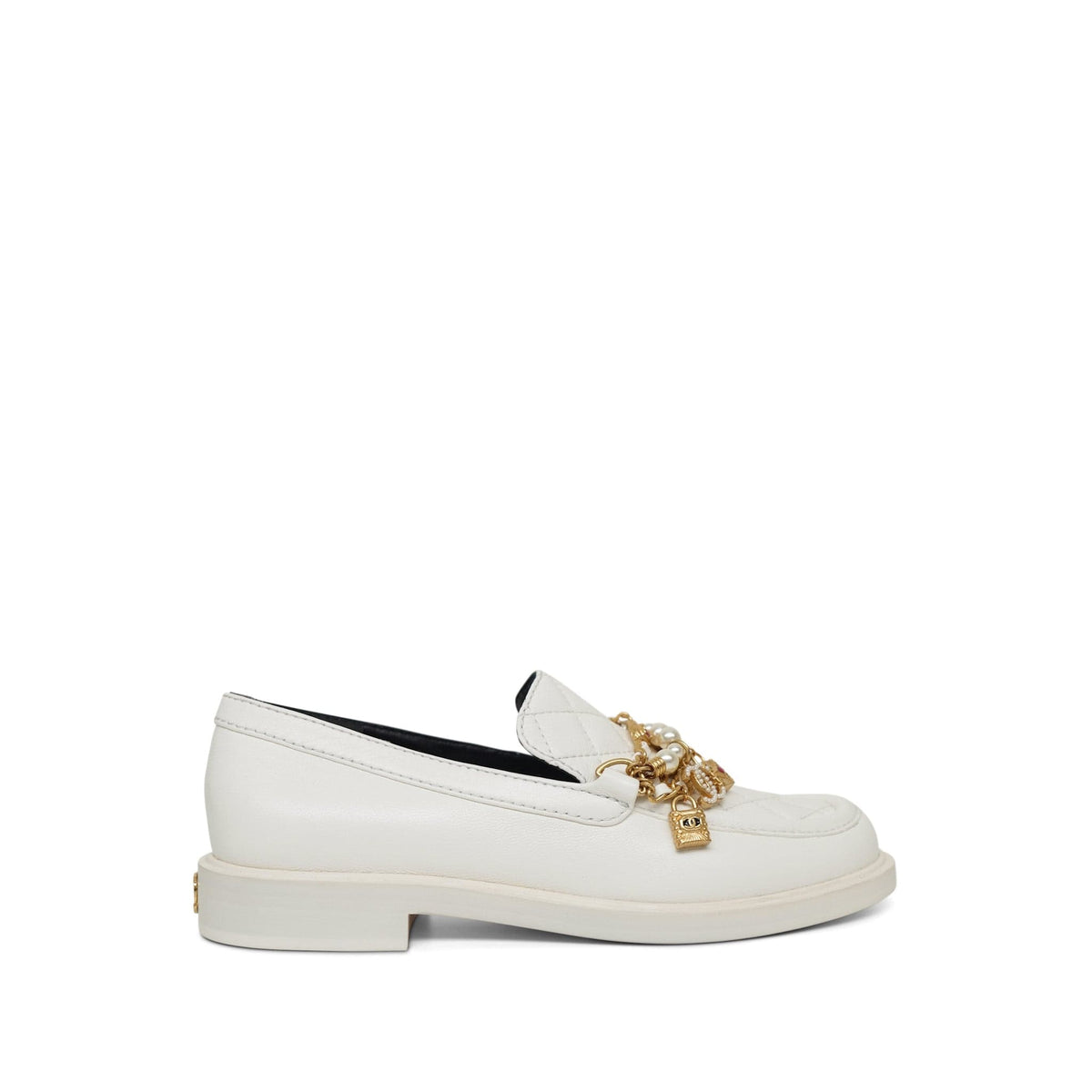 22P White Lambskin Quilted Aged Gold CC Charms Loafers Size 35