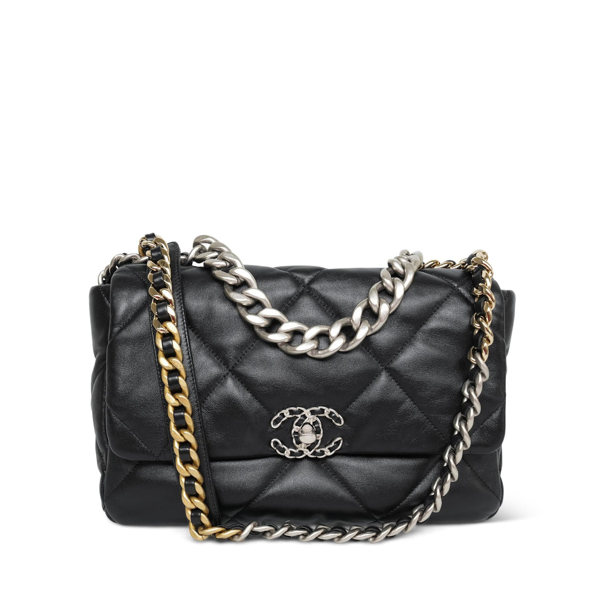 Black Goatskin Quilted 19 Flap Large Mixed Hardware