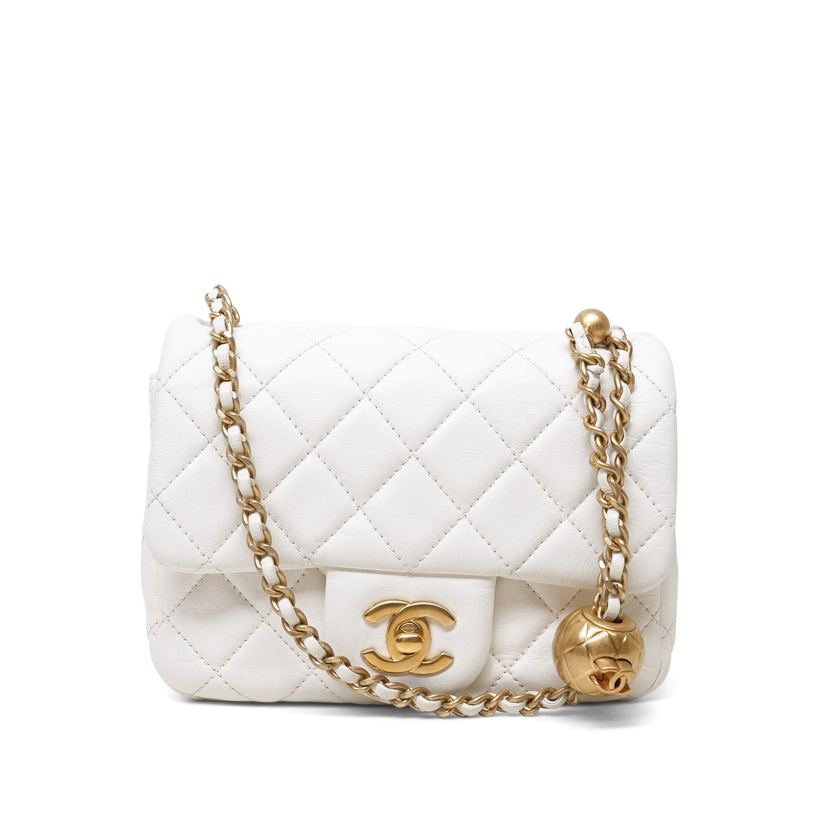 White LambskinQuilted Pearl Crush Mini Square Flap Aged Gold Hardware