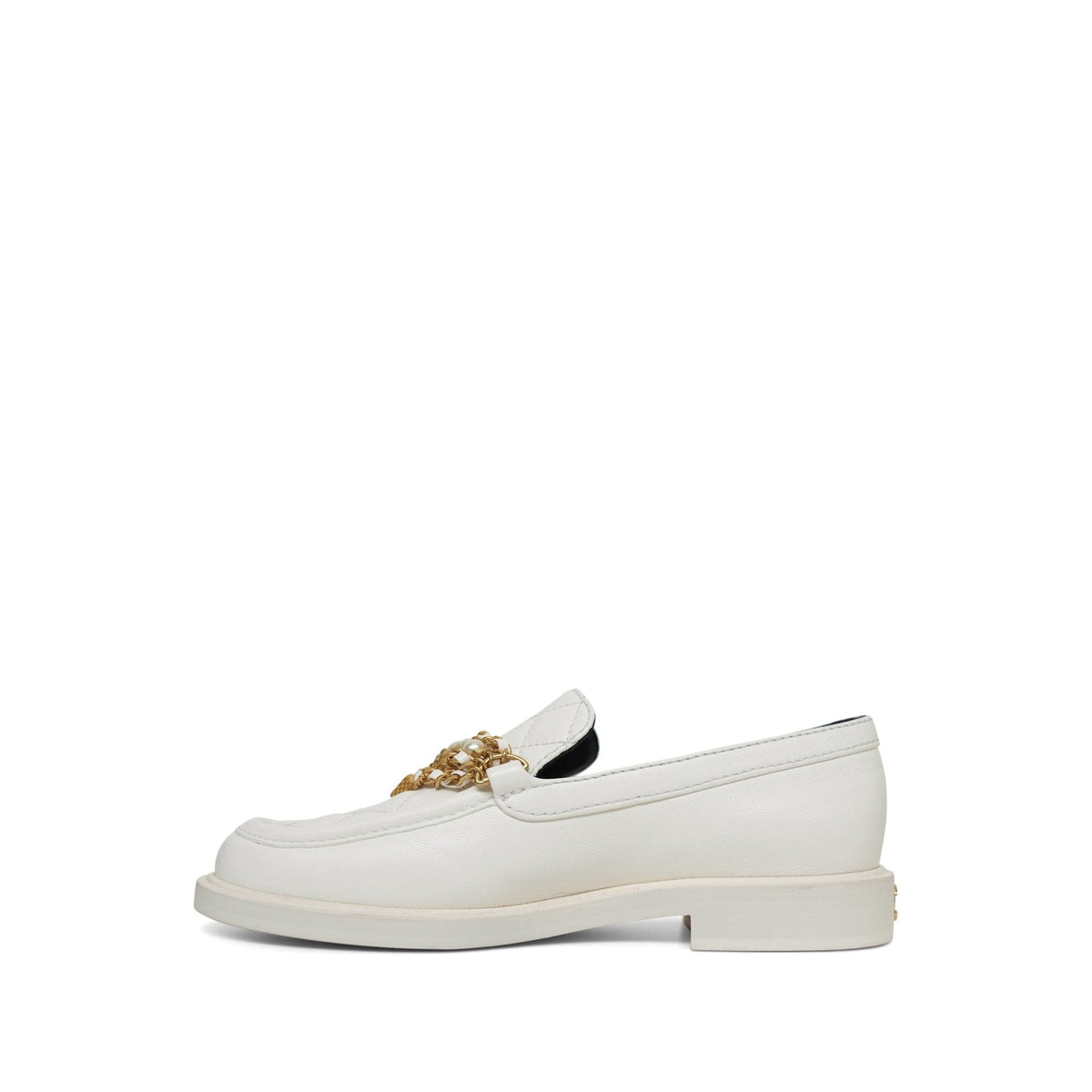 22P White Lambskin Quilted Aged Gold CC Charms Loafers Size 35