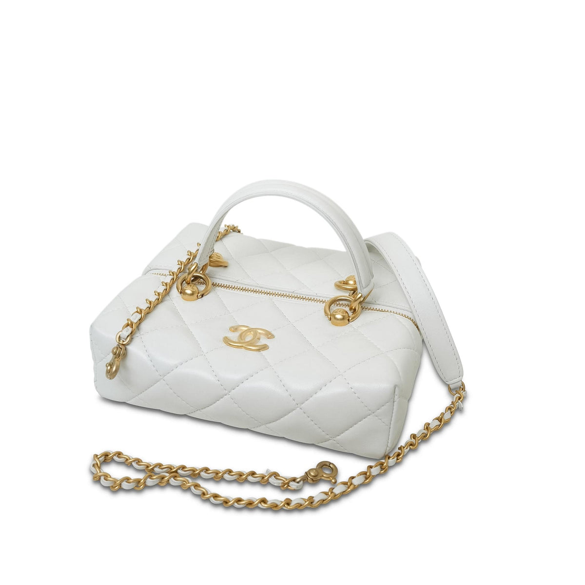 White Calfskin Quilted Métiers D’Art Square Top Handle With Chain AGHW