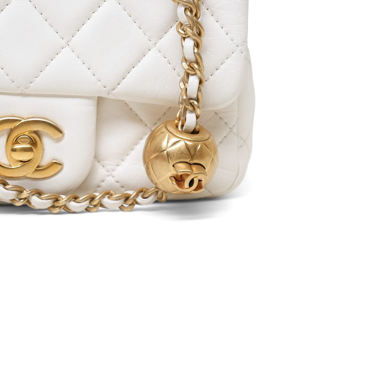 White LambskinQuilted Pearl Crush Mini Square Flap Aged Gold Hardware
