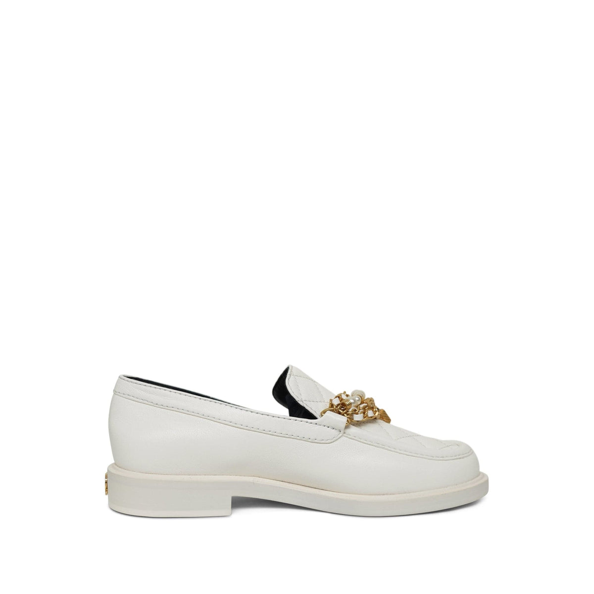 22P White Lambskin Quilted Aged Gold CC Charms Loafers Size 35