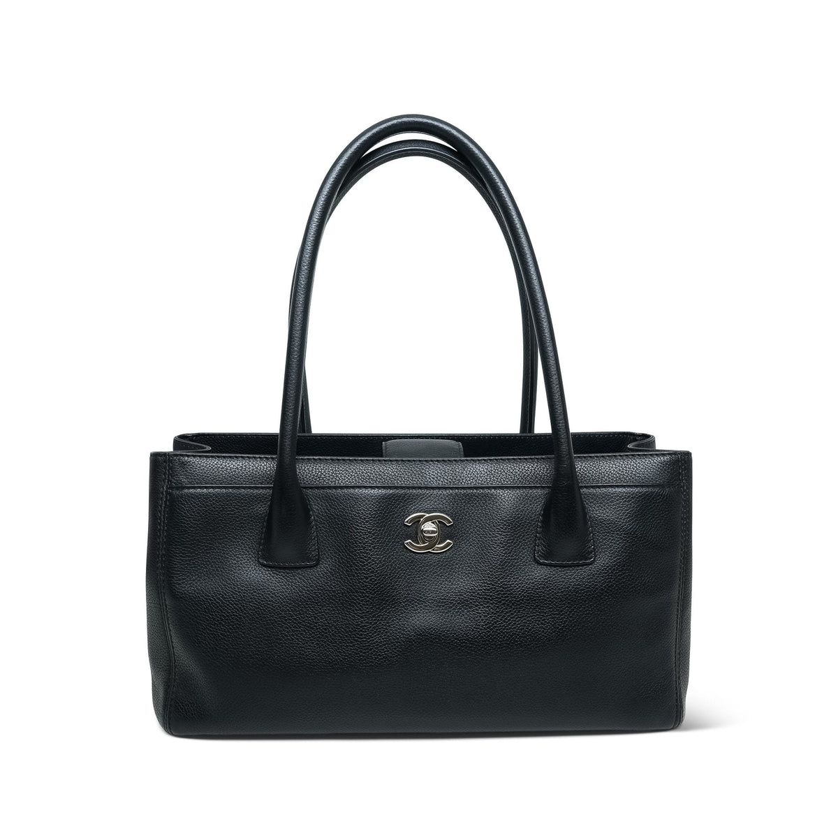Black Grained Calfskin Cerf Executive Shopper Tote Silver Hardware
