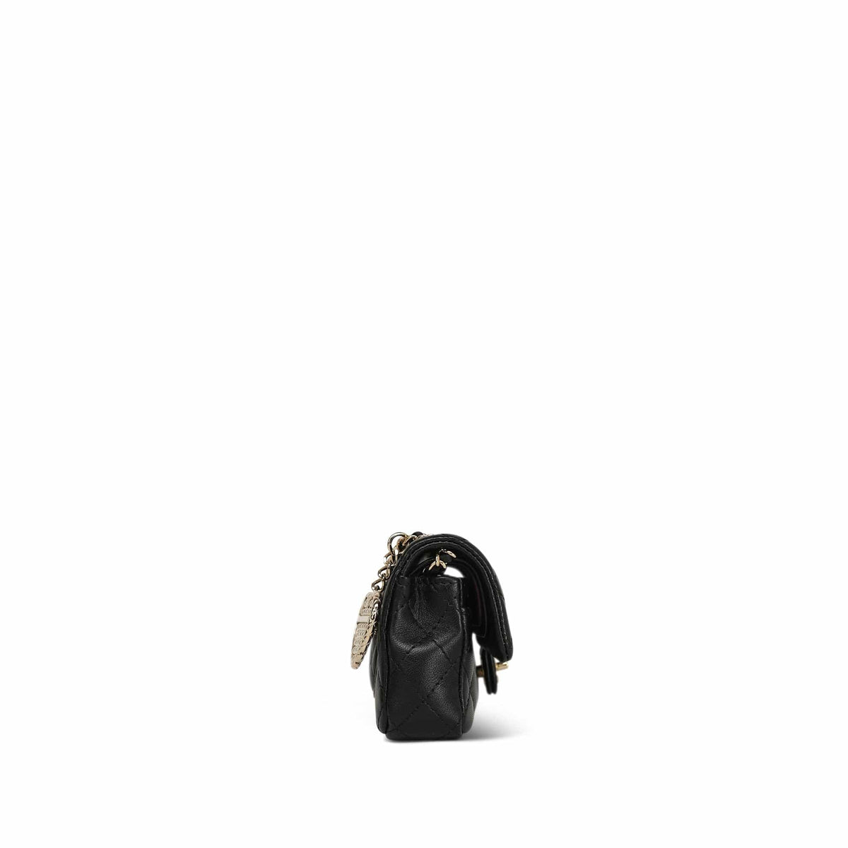Black Lambskin Quilted Nano Classic Double Flap Bag Charm Light Gold Hardware