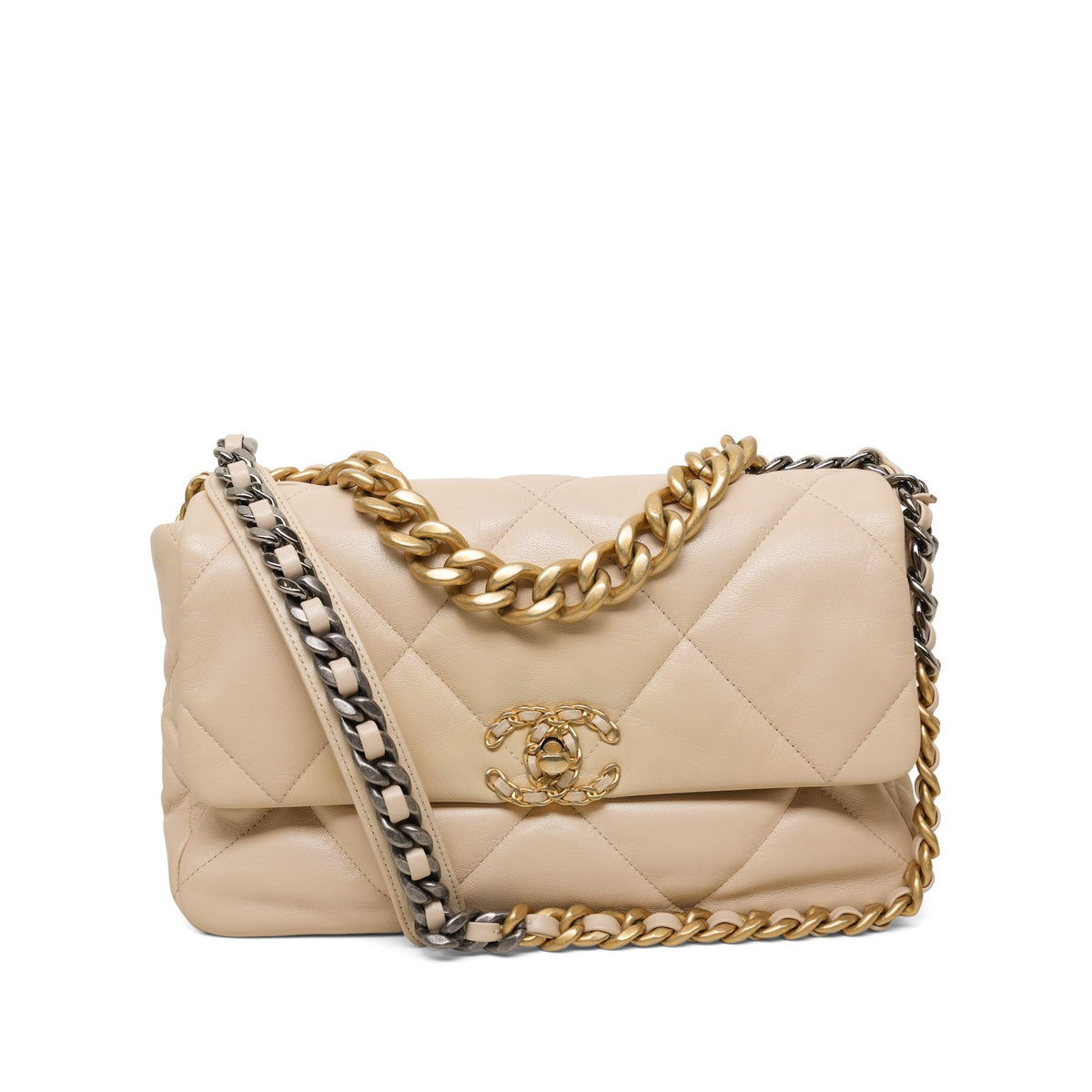Beige Lambskin Quilted 19 Flap Large Mixed Hardware