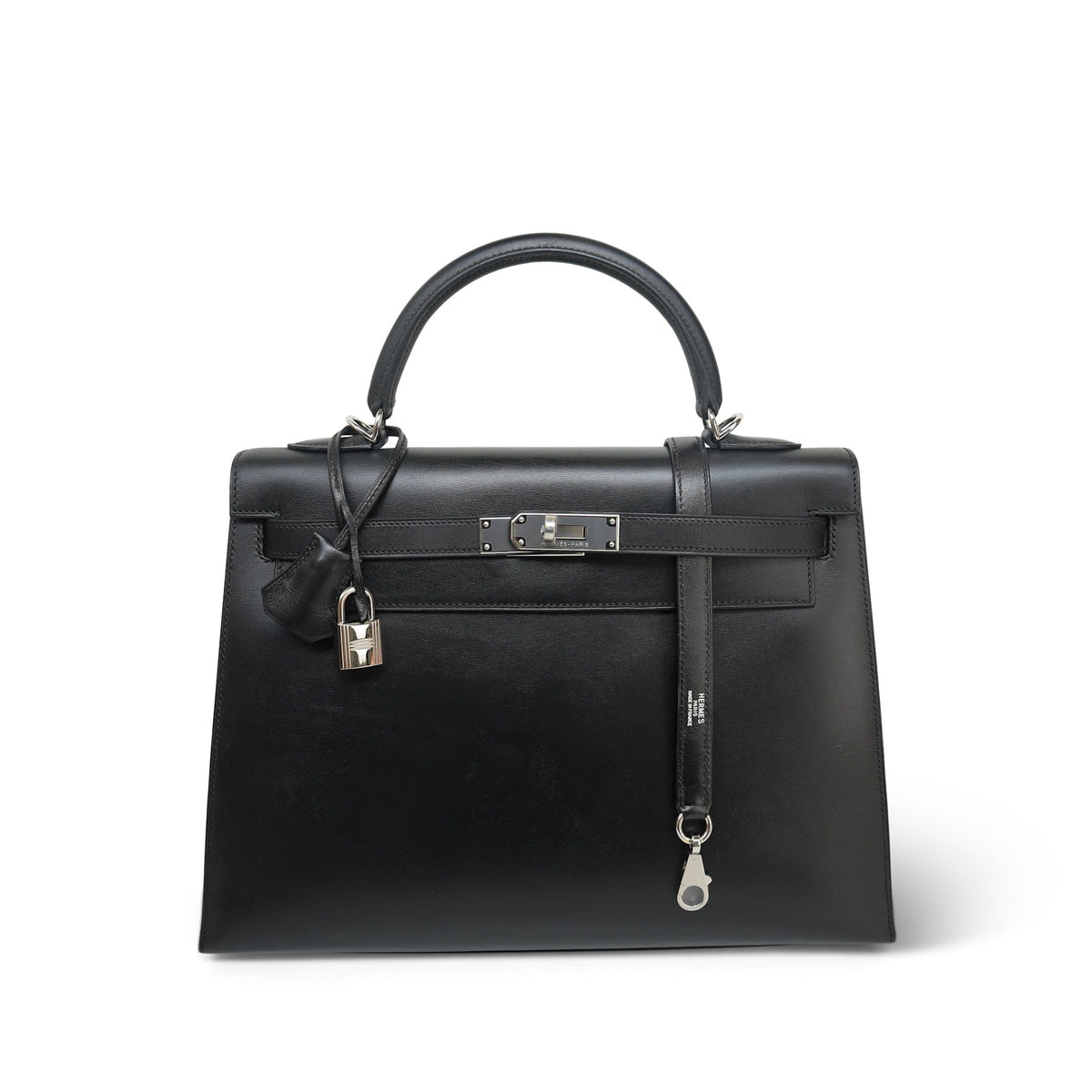 Kelly 32 Black Box Calfskin Palladium Plated J Square Stamp