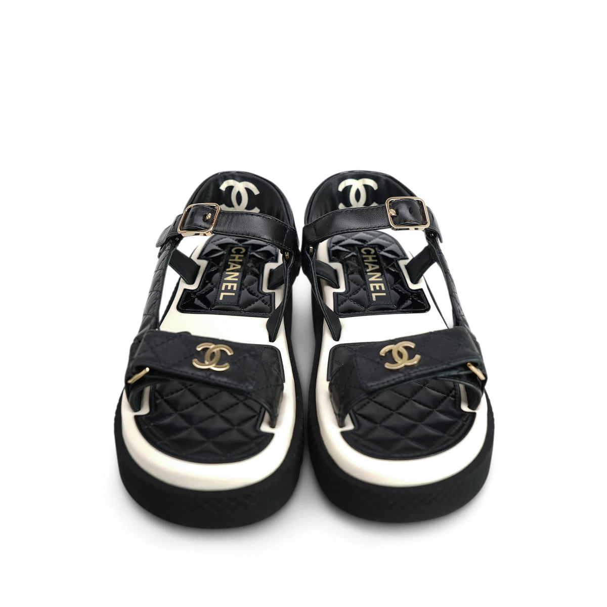 22P Black White Lambskin & Patent CC Platform Sandals Size 36.5