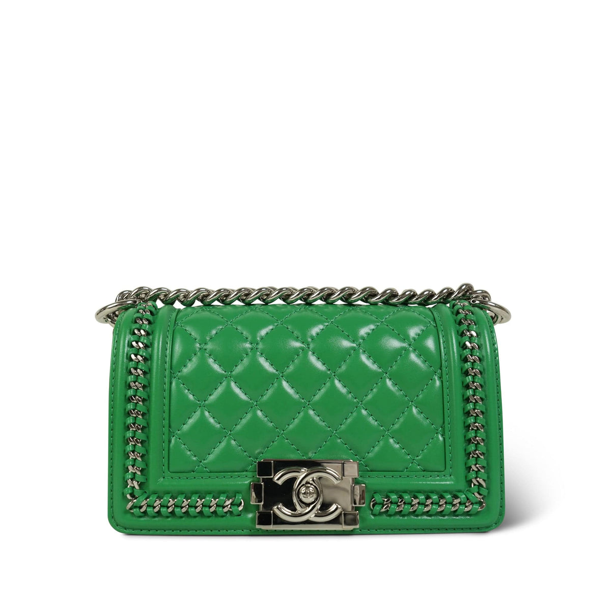 Green Calfskin Quilted Chain Around Boy Bag Small Silver Hardware