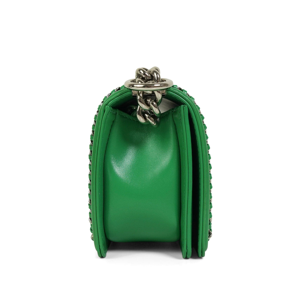 Green Calfskin Quilted Chain Around Boy Bag Small Silver Hardware