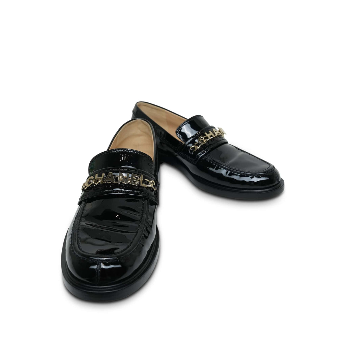 Black Patent Chanel Chain Loafers Size 40