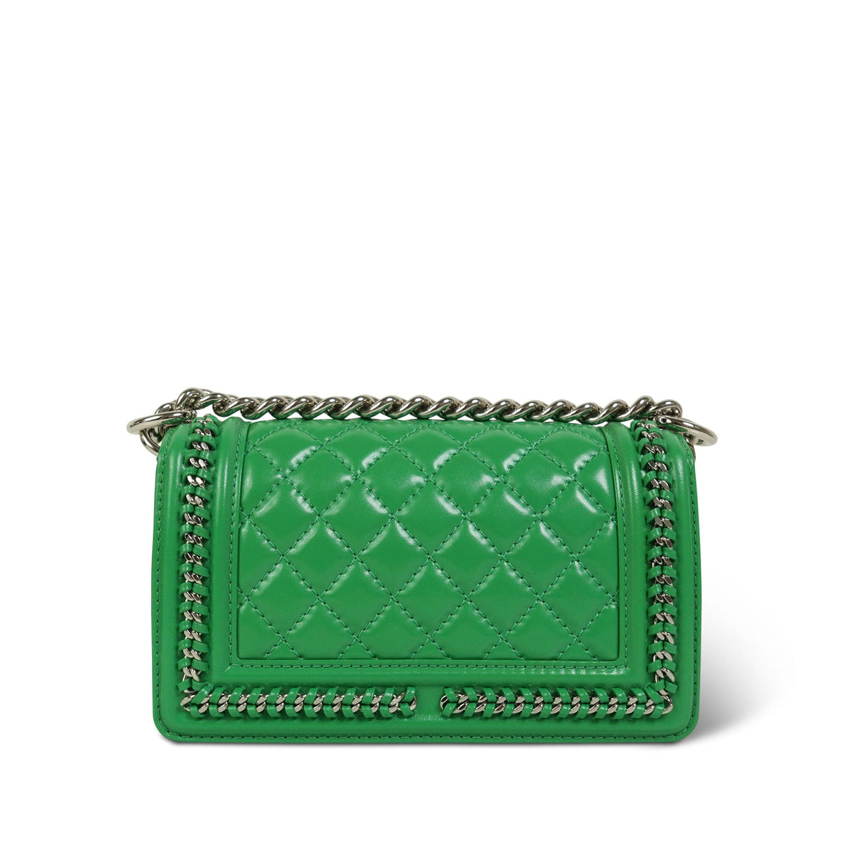 Green Calfskin Quilted Chain Around Boy Bag Small Silver Hardware