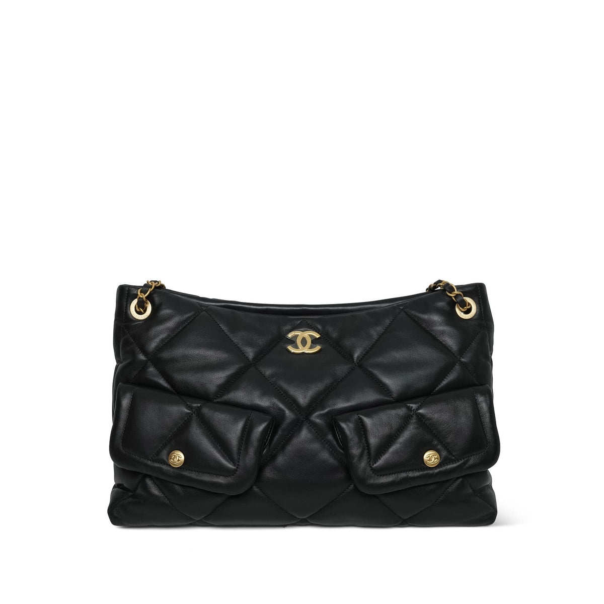25K Black Lambskin Quilted Hobo Shopping Bag Large AGHW