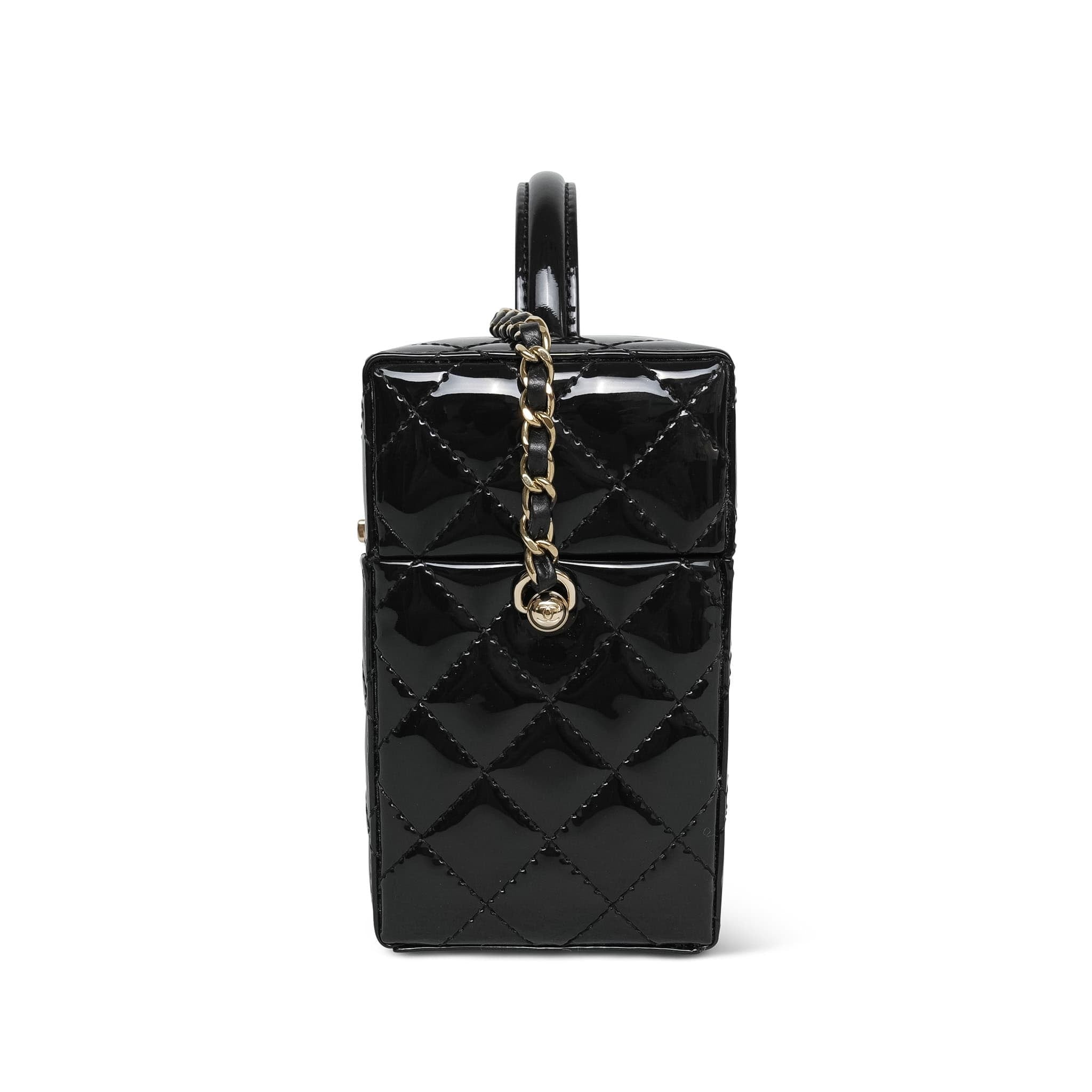 Black Patent Quilted Top Handle Box Vanity On Chain LGHW