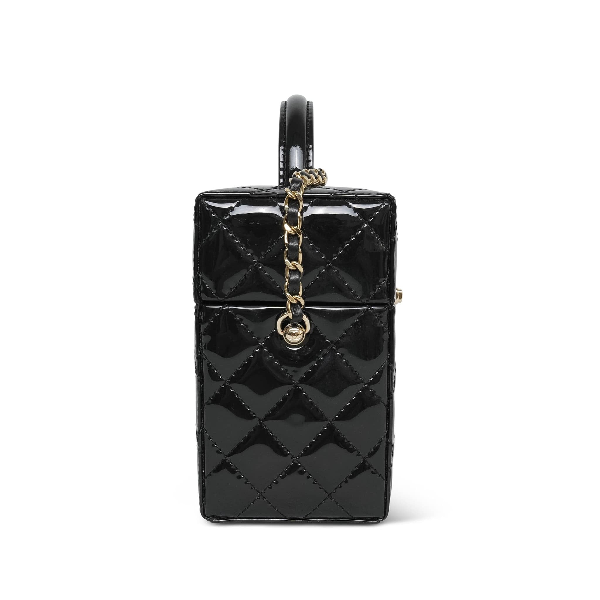 Black Patent Quilted Top Handle Box Vanity On Chain LGHW