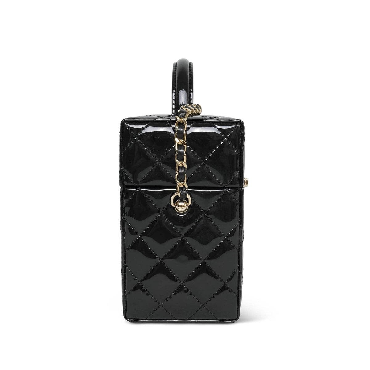 Black Patent Quilted Top Handle Box Vanity On Chain LGHW