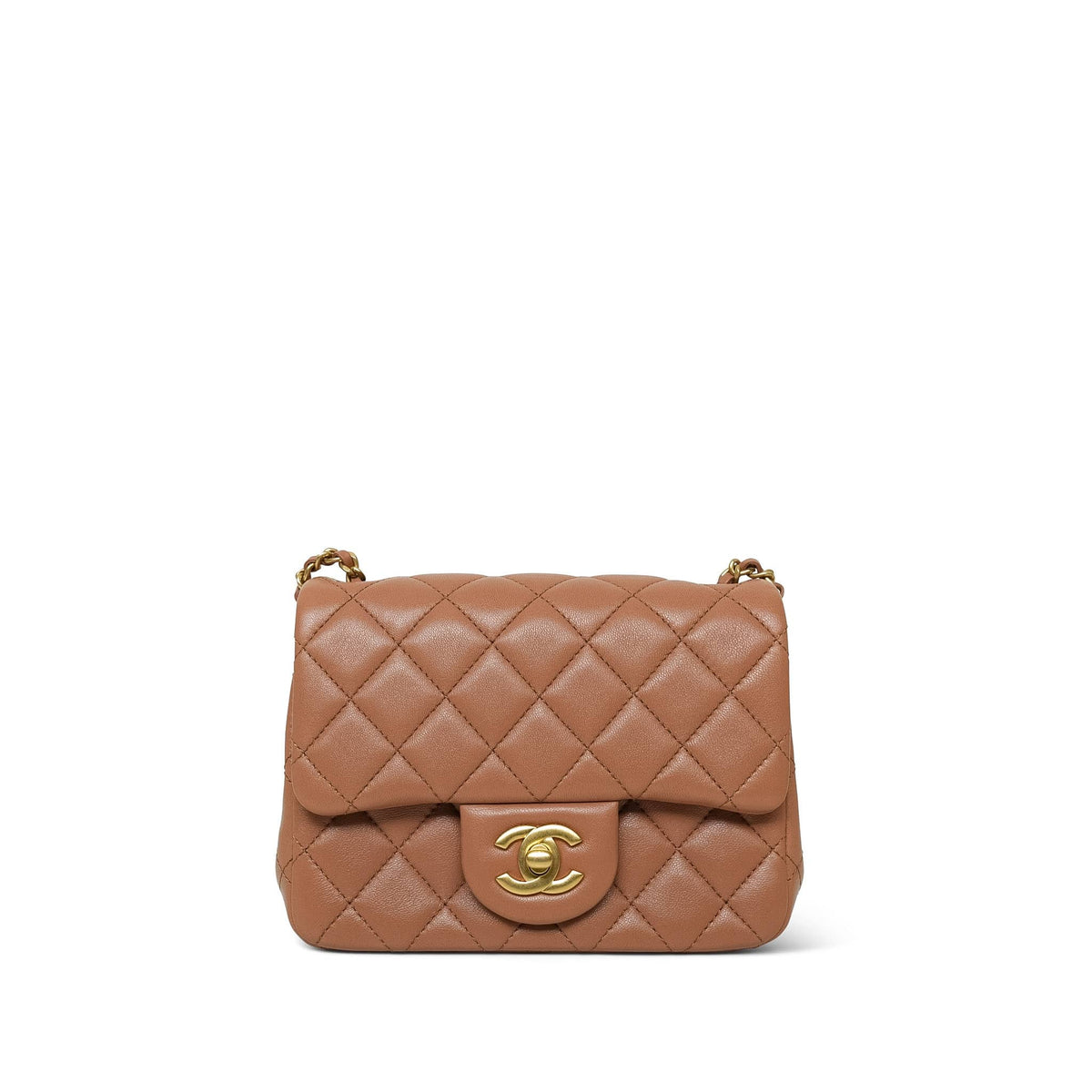 Caramel Lambskin Quilted Pearl Crush Mini Square Flap Aged Gold Hardware