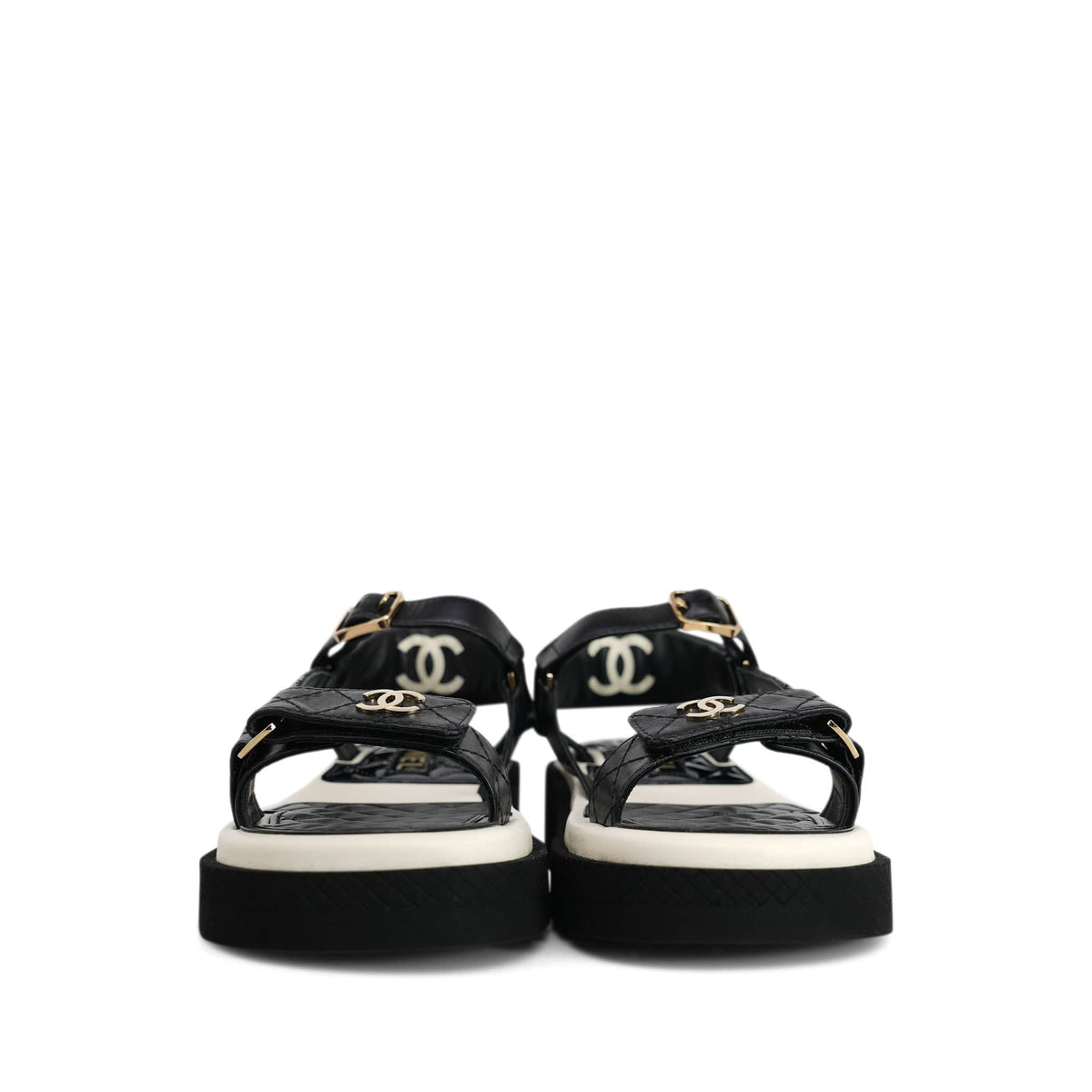 22P Black White Lambskin & Patent CC Platform Sandals Size 36.5