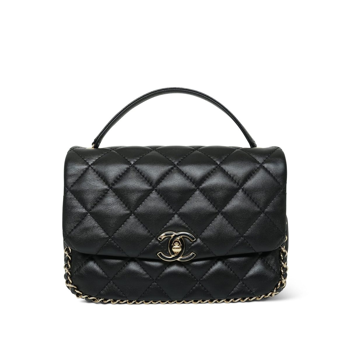 Black Lambskin Quilted Chain Frame Enamel CC Flap Bag Small LGHW
